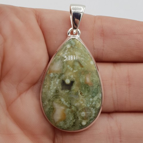 925 Sterling silver pendant drop -shaped rainforest jasper