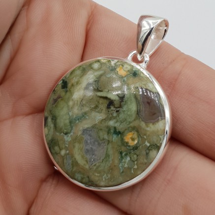 925 Sterling silver pendant round rainforest jasper