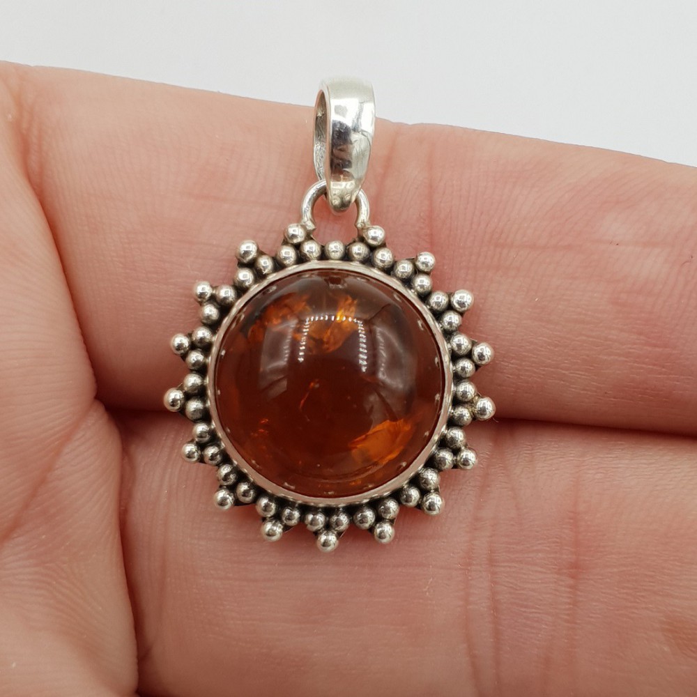 925 Sterling Silver Pendant with Round Amber