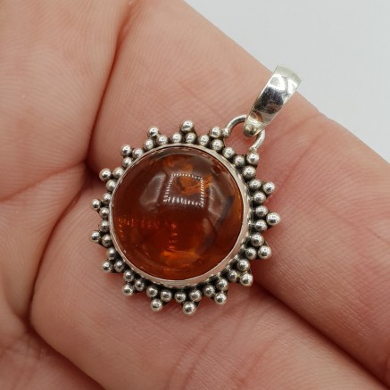 925 Sterling Silver Pendant with Round Amber