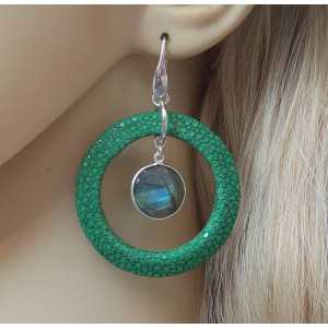 Silver earrings with round Labradorite and green Roggenleer