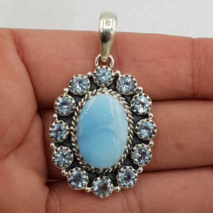 925 Silver pendant with Larimar and Blue Topaz