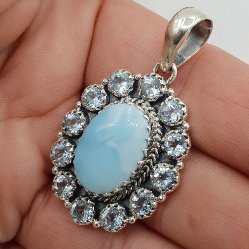 925 Silver pendant with Larimar and Blue Topaz