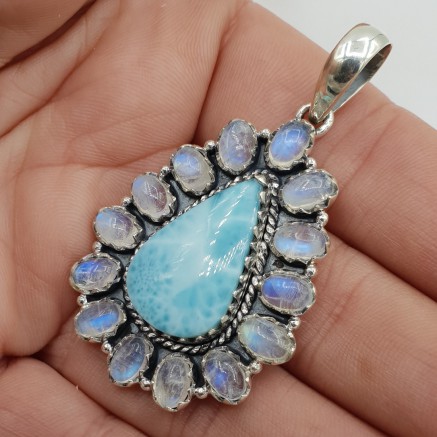 925 Silver pendant with Larimar and rainbow moonstone