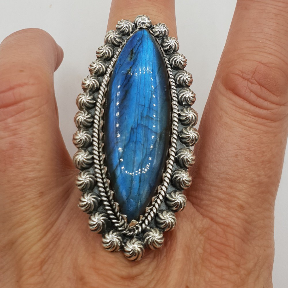 925 Sterling Zilveren Ring set with Marquise Labradorite adjustable