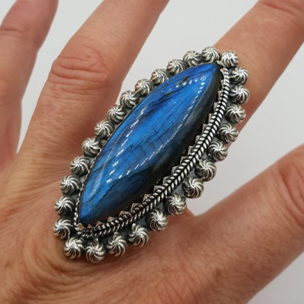 925 Sterling Zilveren Ring set with Marquise Labradorite adjustable