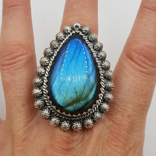 925 Sterling silver ring with drop -shaped labradorite adjustable