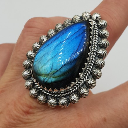 925 Sterling silver ring with drop -shaped labradorite adjustable