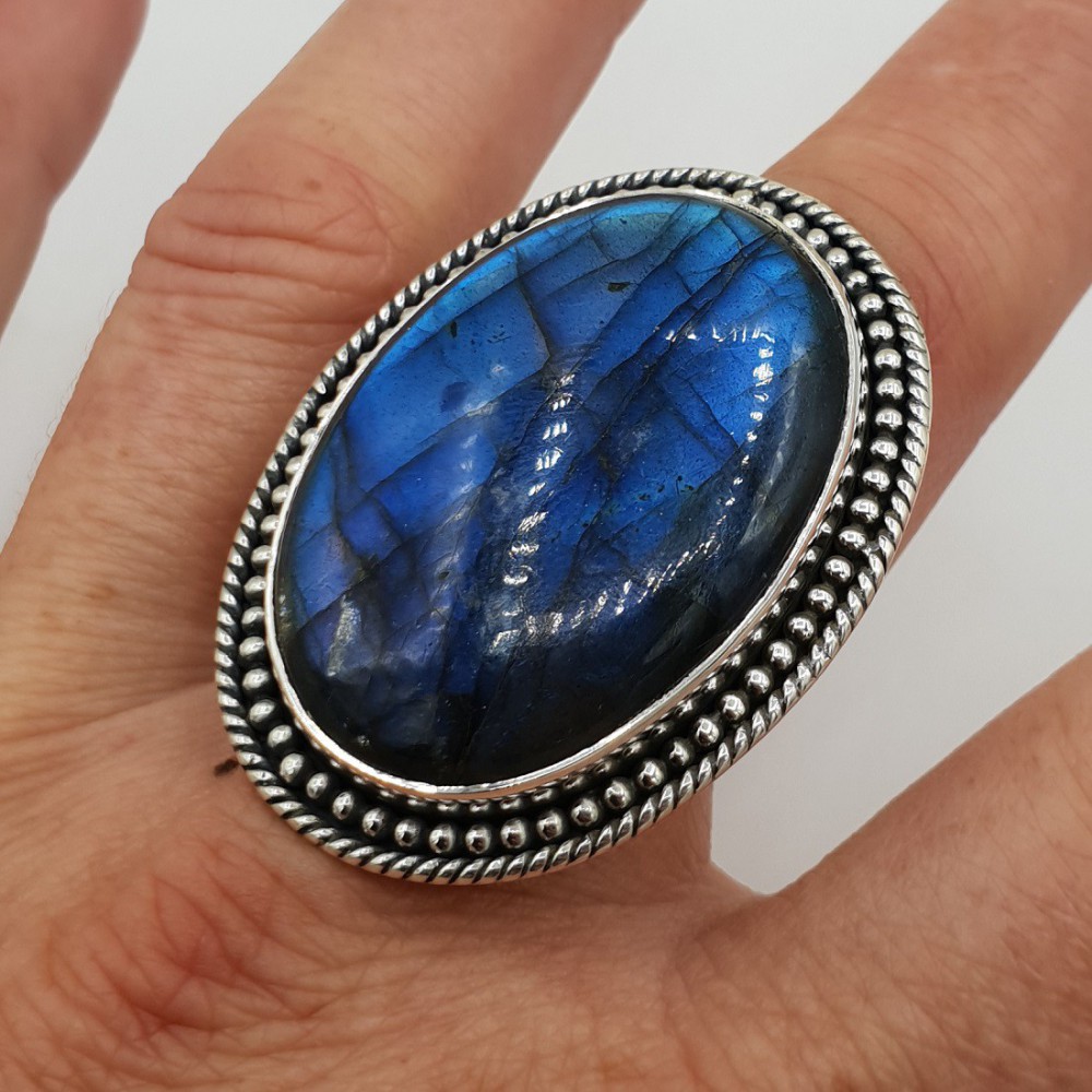 925 Sterling Silver ring wide oval labradorite adjustable