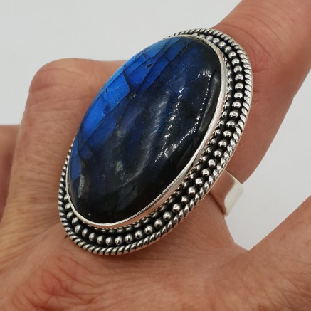 925 Sterling Silver ring wide oval labradorite adjustable