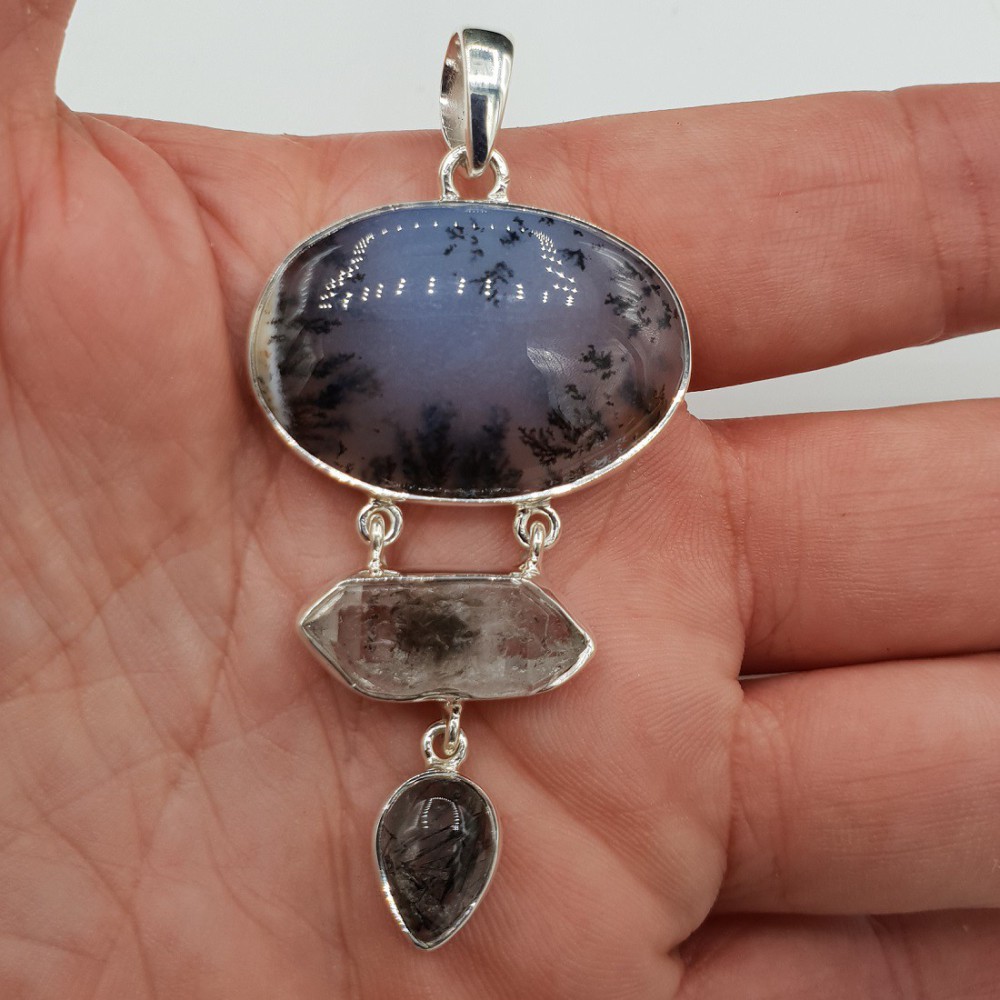 Silver pendant with Dendriet Opal Herkimer Diamant Tourmaline Quartz