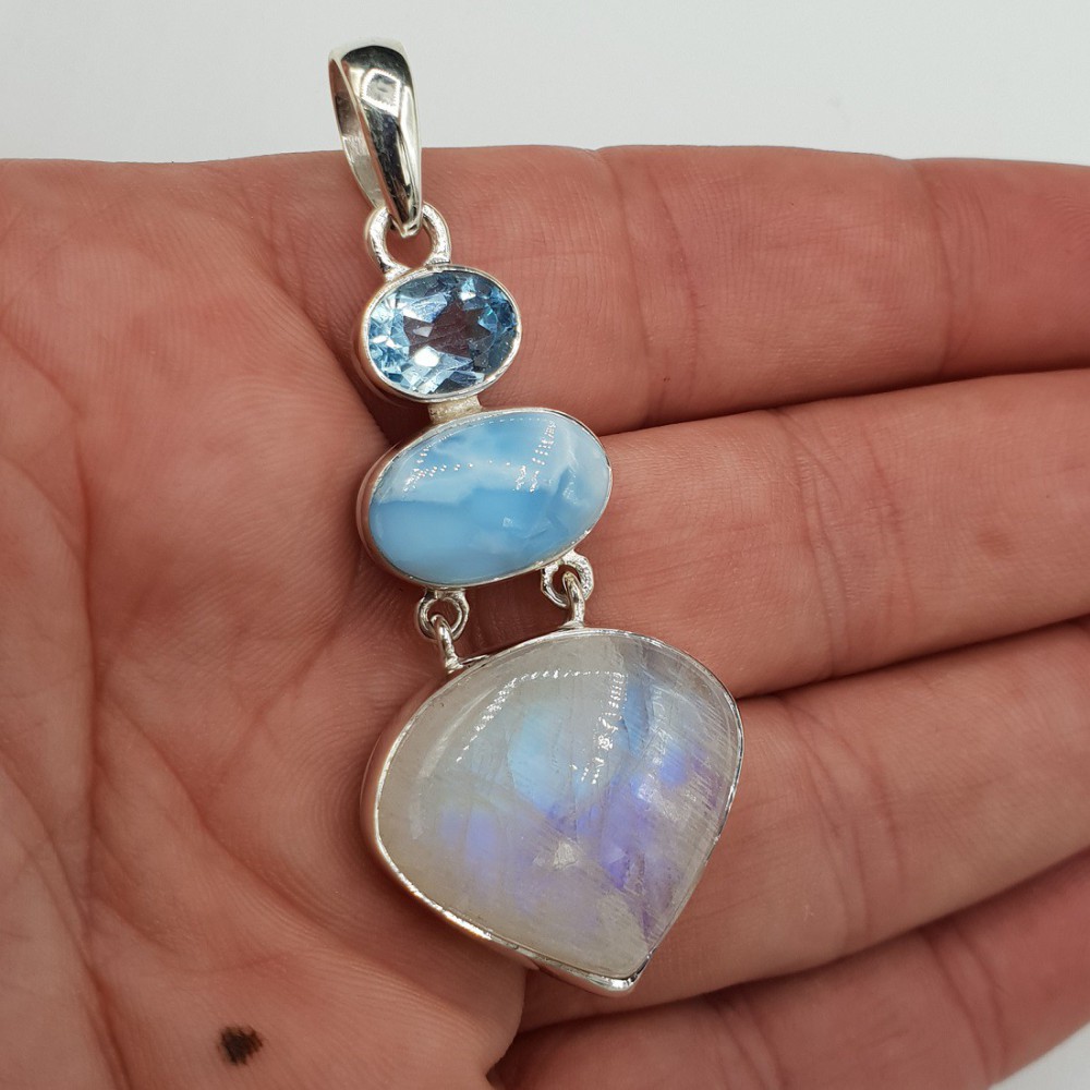 Silver pendant Larimar Maansteen and Blue Topaz