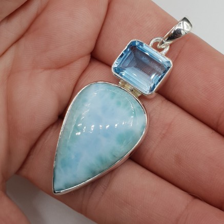 Silver pendant with Larimar and Blue Topaz