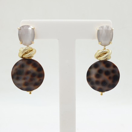 Gilded earrings cowrie shell and gray cat eye