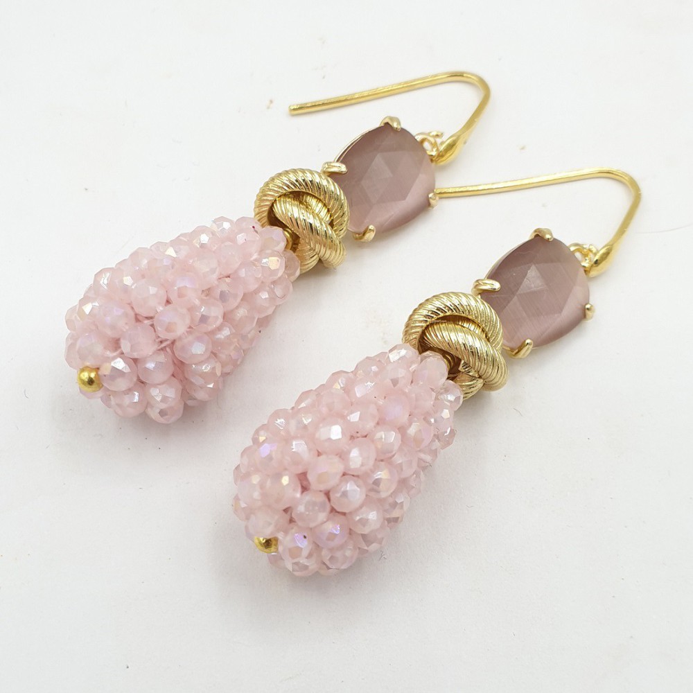 Gilded earrings cat eye and drop of pink crystals