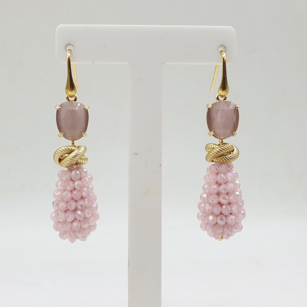 Gilded earrings cat eye and drop of pink crystals