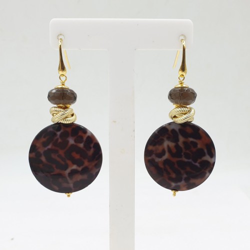 Gilded earrings smokey topaz and round shell