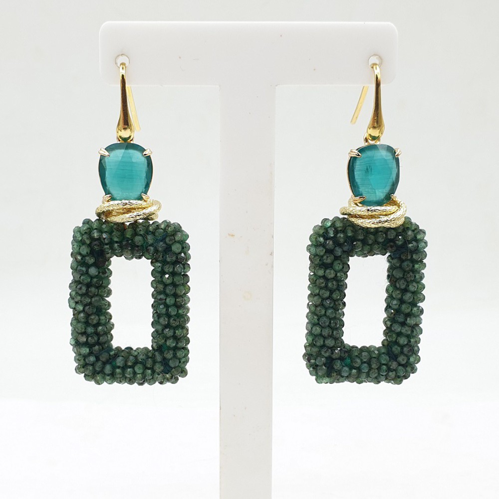 Gold -in earrings rectangular Emerald Pendant and Cat Eye