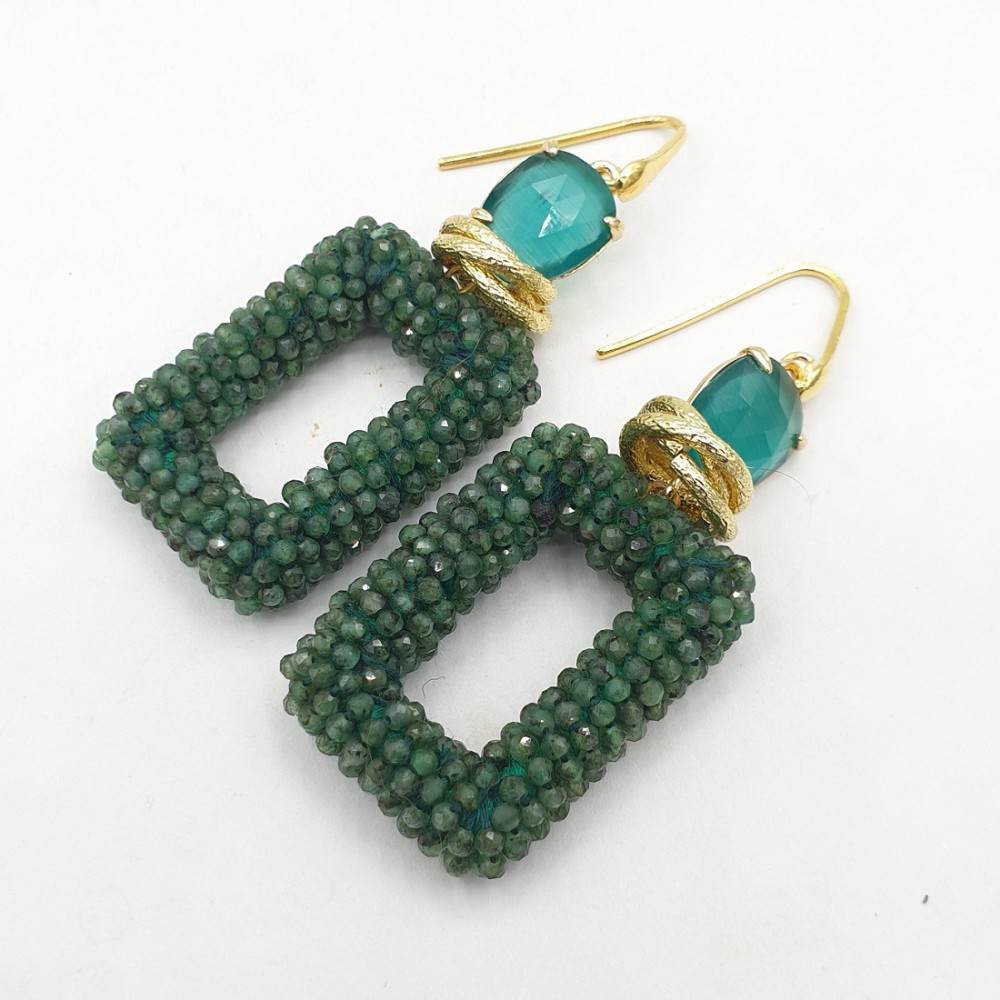 Gold -in earrings rectangular Emerald Pendant and Cat Eye