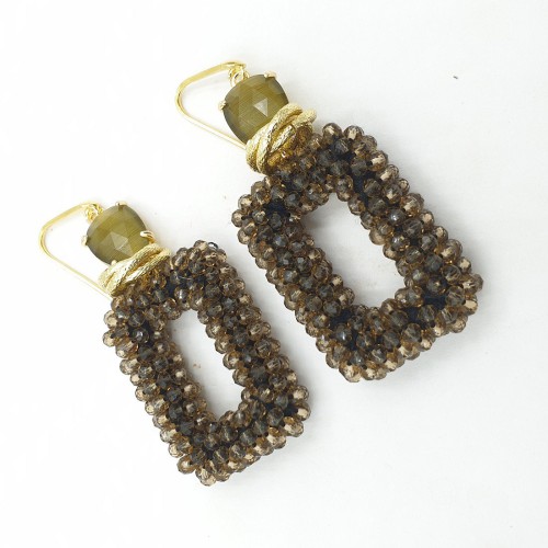 Gilded earrings brown rectangular pendant and cat eye