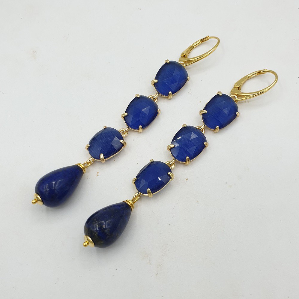 Gilded earrings with cat eye and lapis lazuli