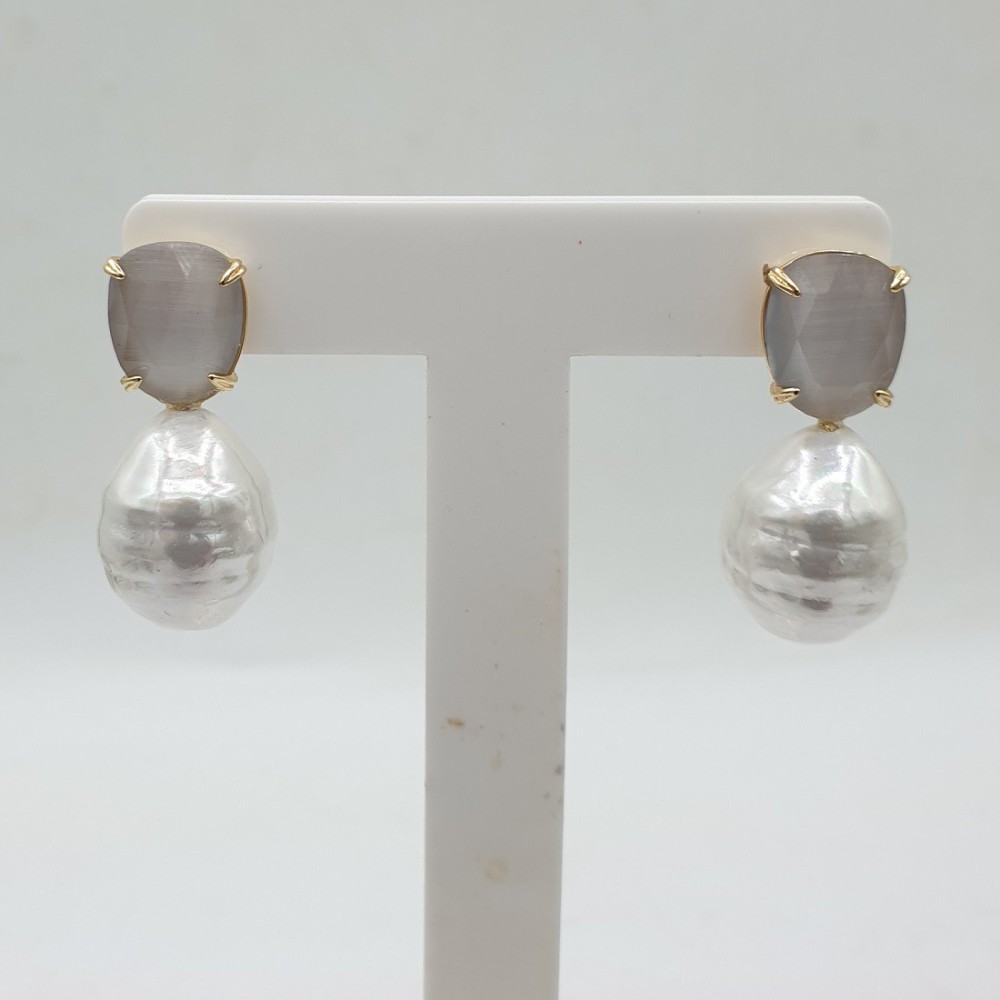 Gilded earrings gray cat eye and pearl