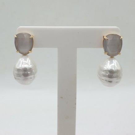 Gilded earrings gray cat eye and pearl