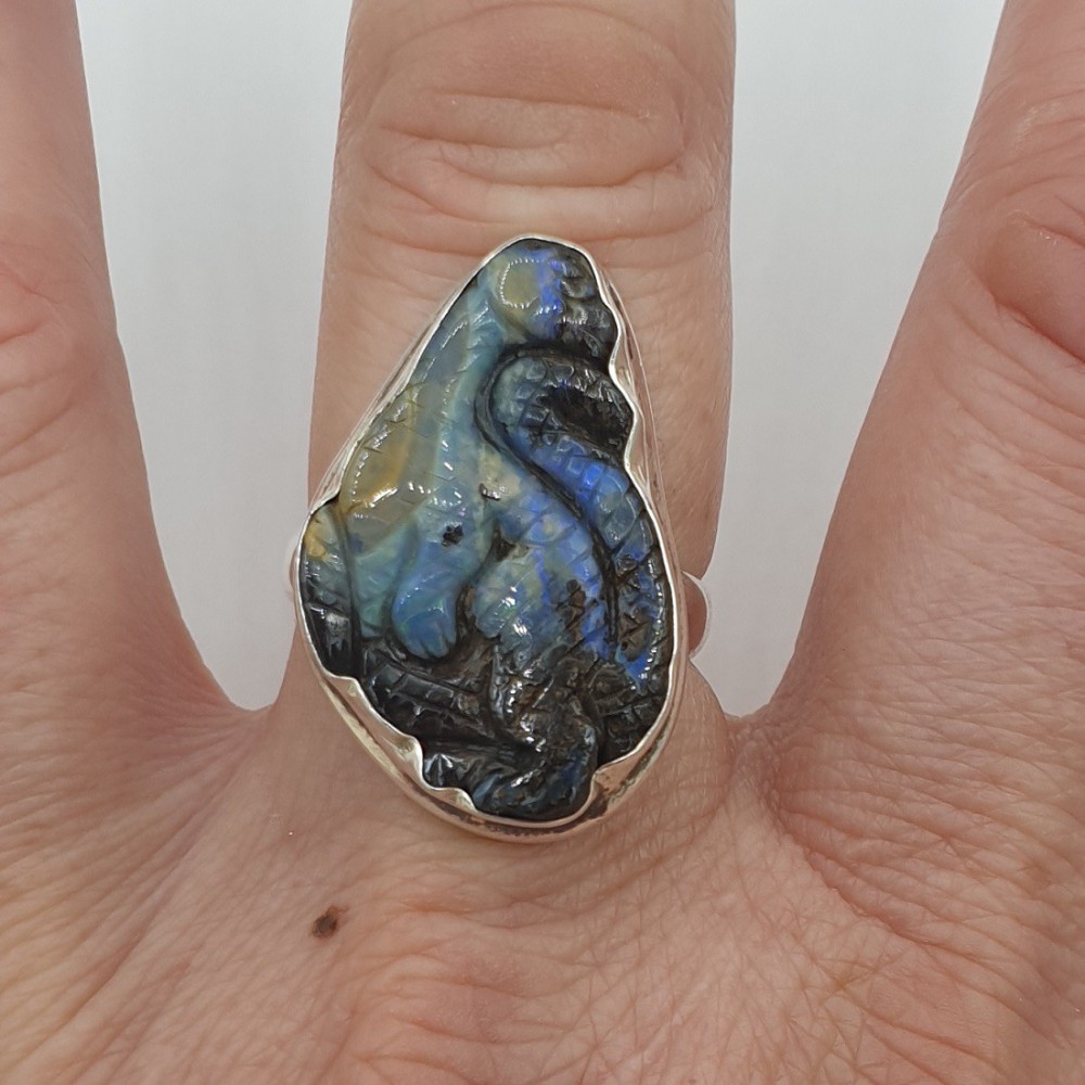 925 Sterling Silver ring seal cut out of Boulder Opal 18 mm