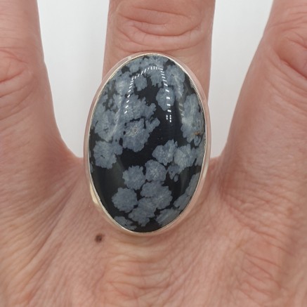 Silver ring with oval snowflake obsidian 19 mm