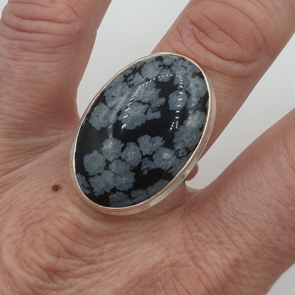 Silver ring with oval snowflake obsidian 19 mm