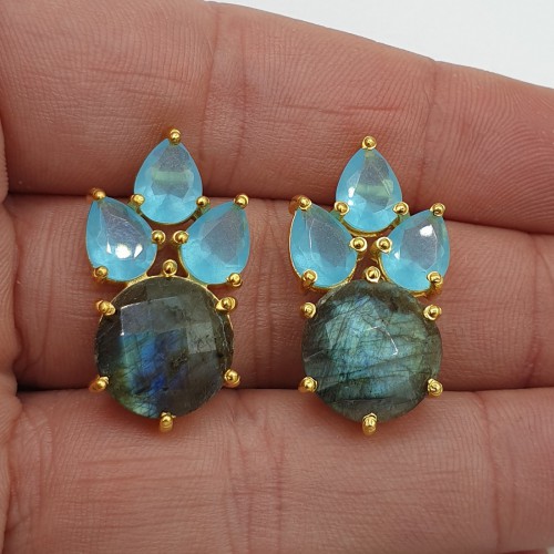 Gilded earrings with chalcedony and labradorite