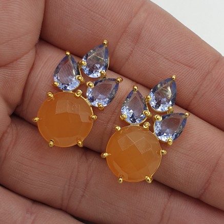 Gilded earrings Tanzaniet Quartz and Oranje Chalcedone