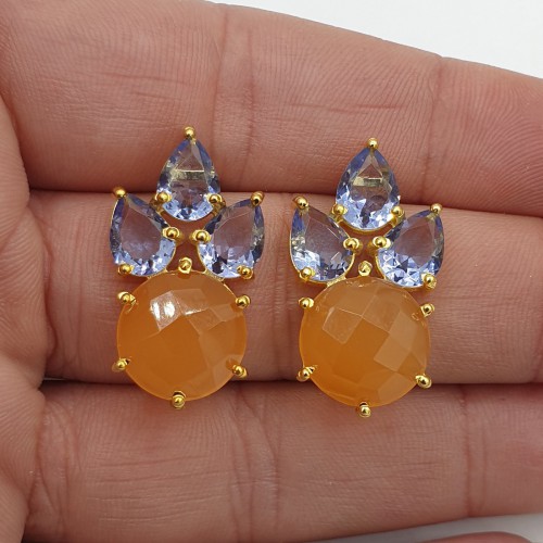 Vergoldete Ohrringe Tanzaniet Quarz und Oranje Chalcedone