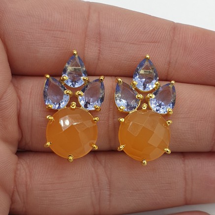 Gilded earrings Tanzaniet Quartz and Oranje Chalcedone