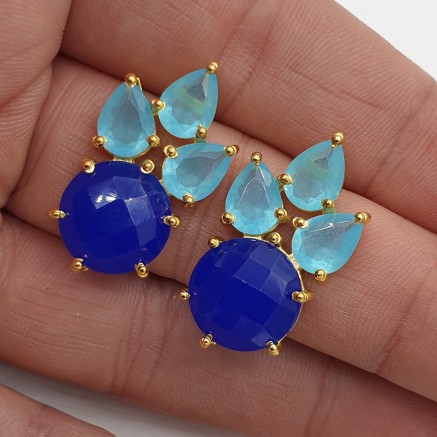 Gilded earrings with aqua and blue chalcedone