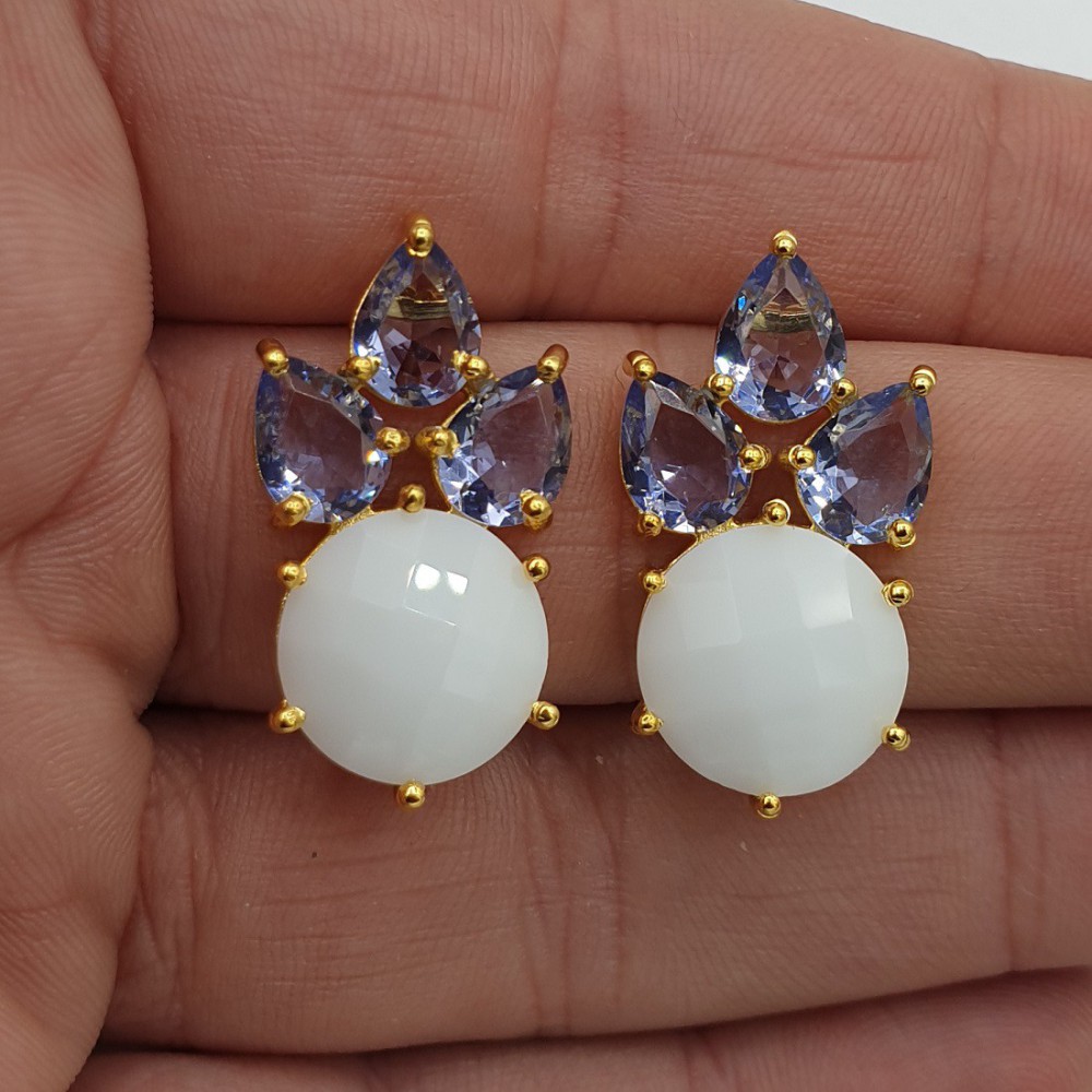 Gilded earrings White Chalcedone and Amethist Quartz