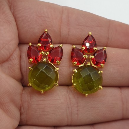 Vergoldete Ohrringe Granate Red und Peridot Green Quarz