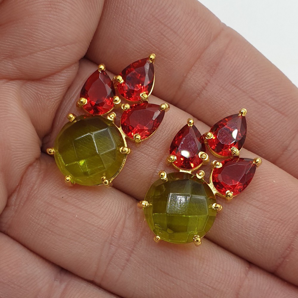 Vergoldete Ohrringe Granate Red und Peridot Green Quarz