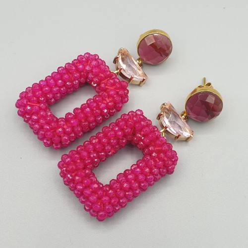 Gilded earrings rectangular fuchsia pink pendant