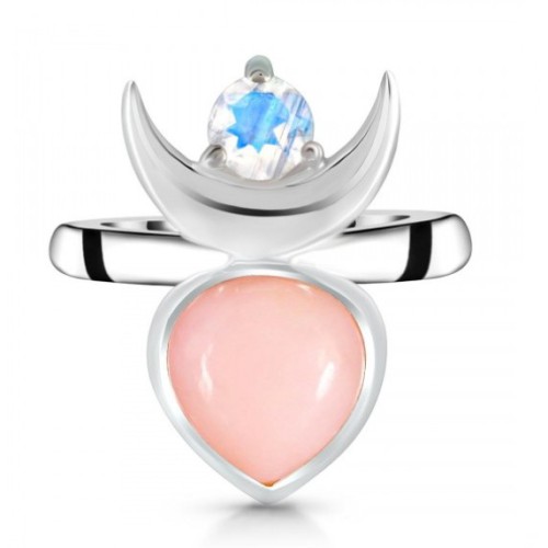 925 Sterling Silver ring Moonstone and Pink Opaal