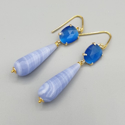 Gilded earrings blue lace agate and cat eye