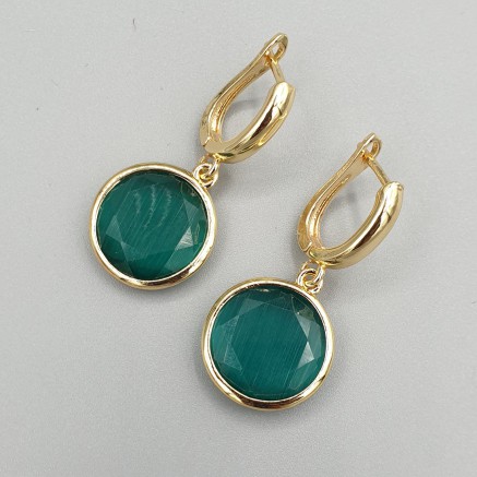 Gilt earrings round emerald green cat eye