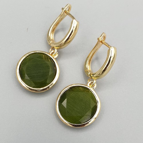 Gilt earrings round olive green cat eye