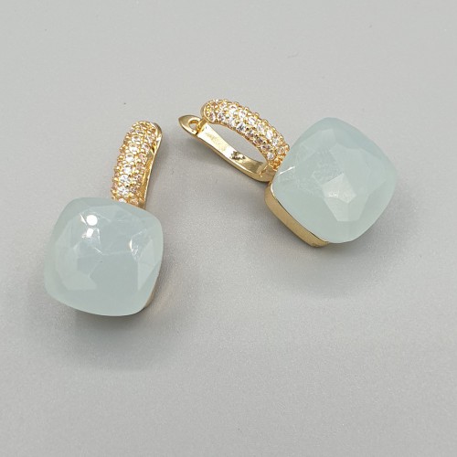 Gilded earrings square Aqua Blue Crystal