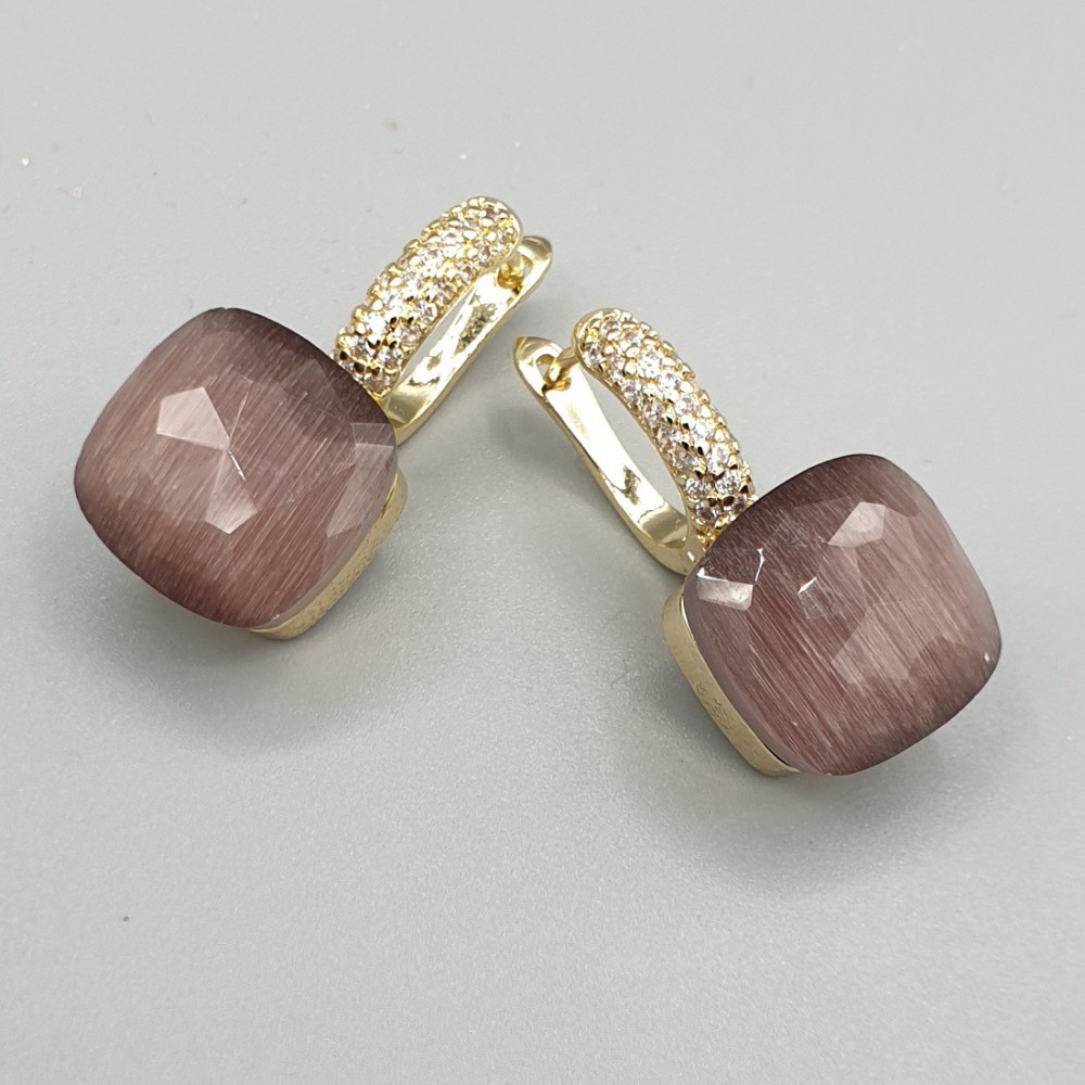 Gilded earrings square old pink cat eye