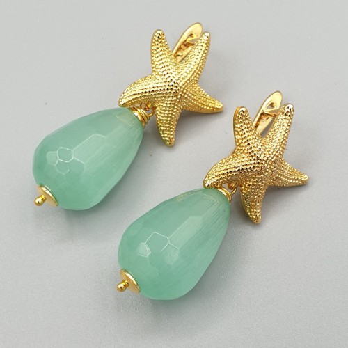 Gilded earrings with mint green cat eye drop