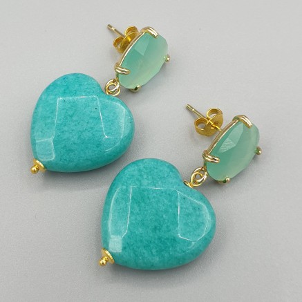 Gilded earrings jade heart and cat eye