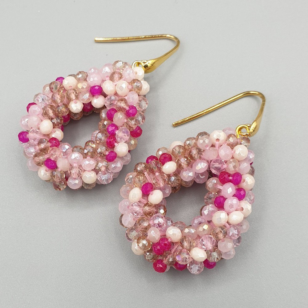 Gilded earrings open drop mixed pink crystals small