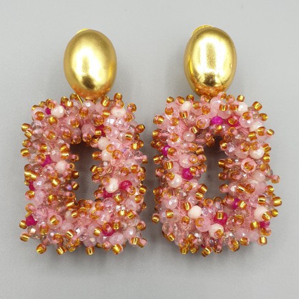 Gilded earrings rectangular pendant mixed pink crystals