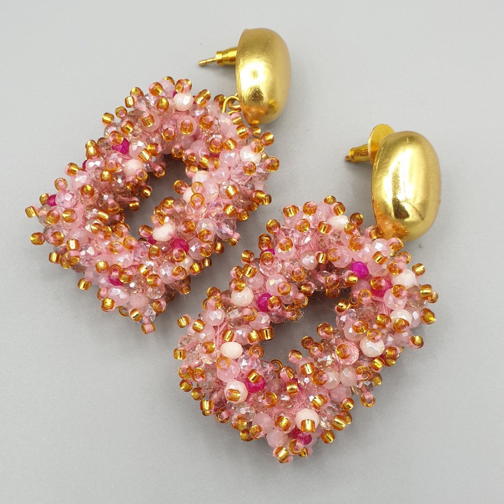 Gilded earrings rectangular pendant mixed pink crystals